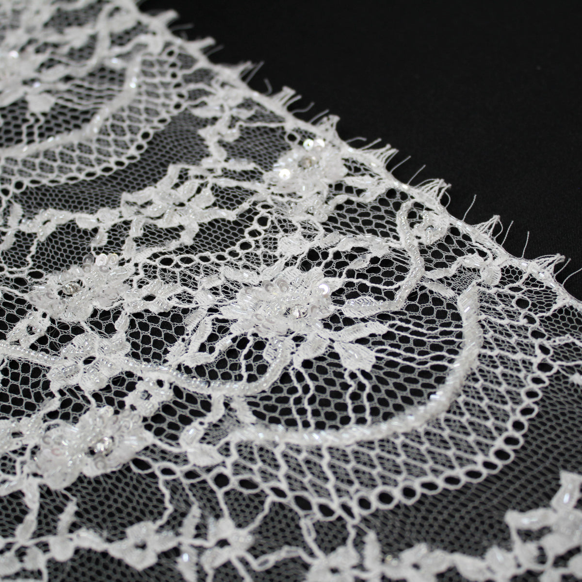Haute Couture Lace | Bridal Embroidered Lace with Sequins, Seed Beads, Rhinestones, Vertical Wave Floral Sprays & Double Scallop | FRI3217