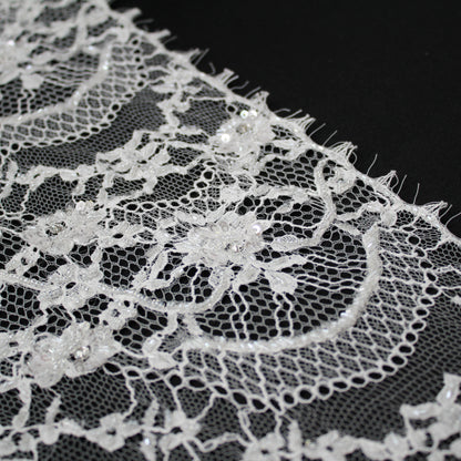 Haute Couture Lace | Bridal Embroidered Lace with Sequins, Seed Beads, Rhinestones, Vertical Wave Floral Sprays & Double Scallop | FRI3217