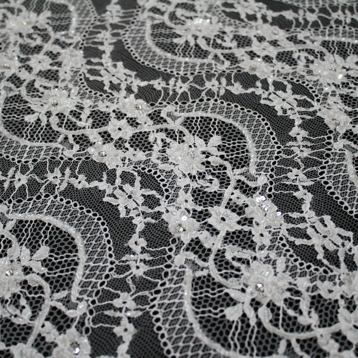 Haute Couture Lace | Bridal Embroidered Lace with Sequins, Seed Beads, Rhinestones, Vertical Wave Floral Sprays & Double Scallop | FRI3217