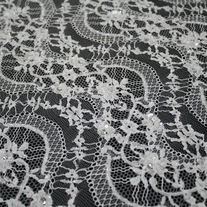 Haute Couture Lace | Bridal Embroidered Lace with Sequins, Seed Beads, Rhinestones, Vertical Wave Floral Sprays & Double Scallop | FRI3217