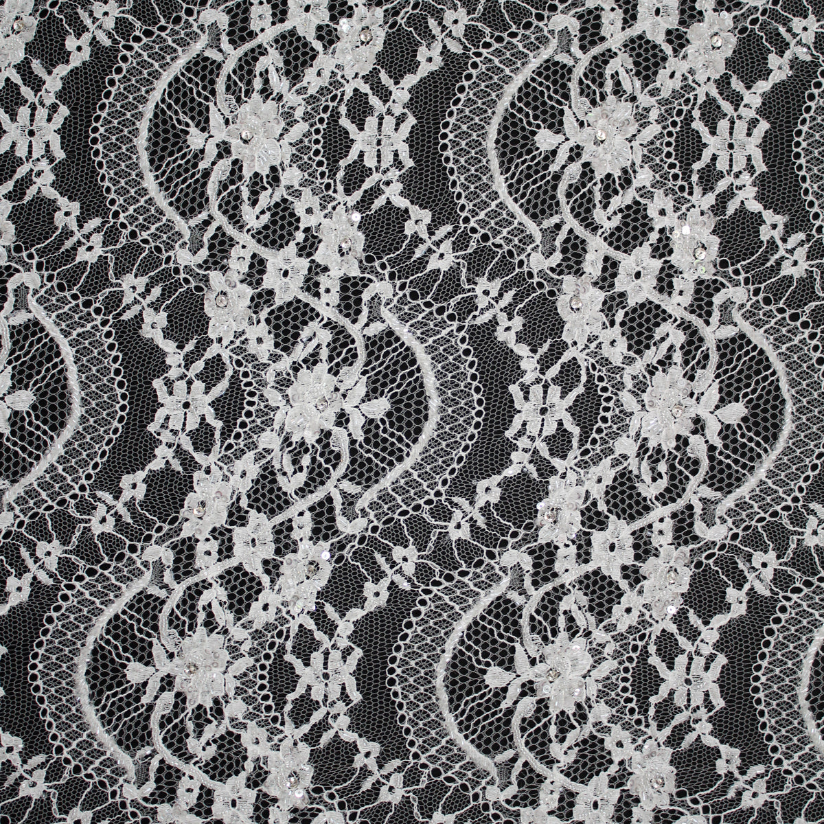 Haute Couture Lace | Bridal Embroidered Lace with Sequins, Seed Beads, Rhinestones, Vertical Wave Floral Sprays & Double Scallop | FRI3217