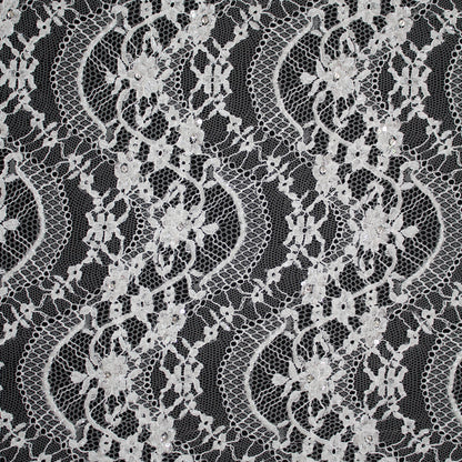 Haute Couture Lace | Bridal Embroidered Lace with Sequins, Seed Beads, Rhinestones, Vertical Wave Floral Sprays & Double Scallop | FRI3217