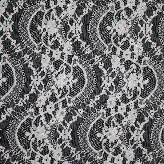 Haute Couture Lace | Bridal Embroidered Lace with Sequins, Seed Beads, Rhinestones, Vertical Wave Floral Sprays & Double Scallop | FRI3217