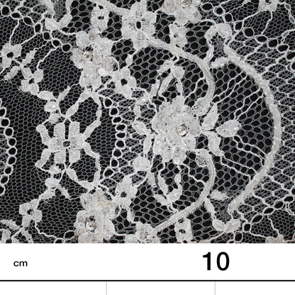 Haute Couture Lace | Bridal Embroidered Lace with Sequins, Seed Beads, Rhinestones, Vertical Wave Floral Sprays & Double Scallop | FRI3217