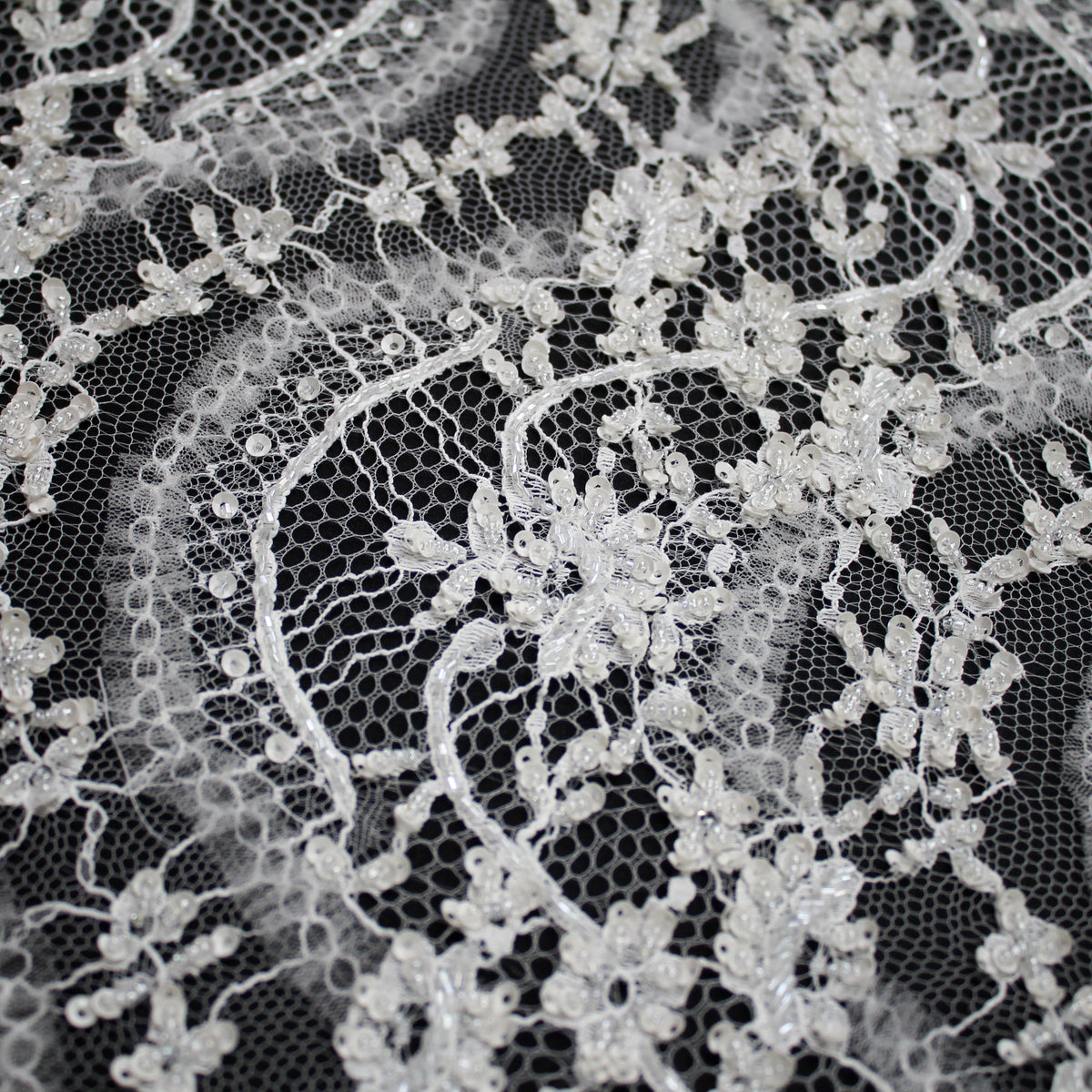 Haute Couture Lace | Bridal Embroidered Lace with Sequins, Seed Beads, Rhinestones, 3D Tulle, Vertical Wave Floral Sprays & Double Scallop | FRI3319