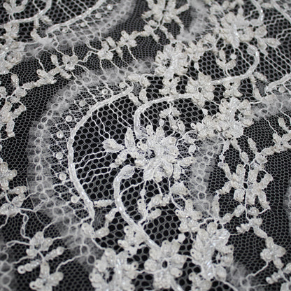 Haute Couture Lace | Bridal Embroidered Lace with Sequins, Seed Beads, Rhinestones, 3D Tulle, Vertical Wave Floral Sprays & Double Scallop | FRI3319