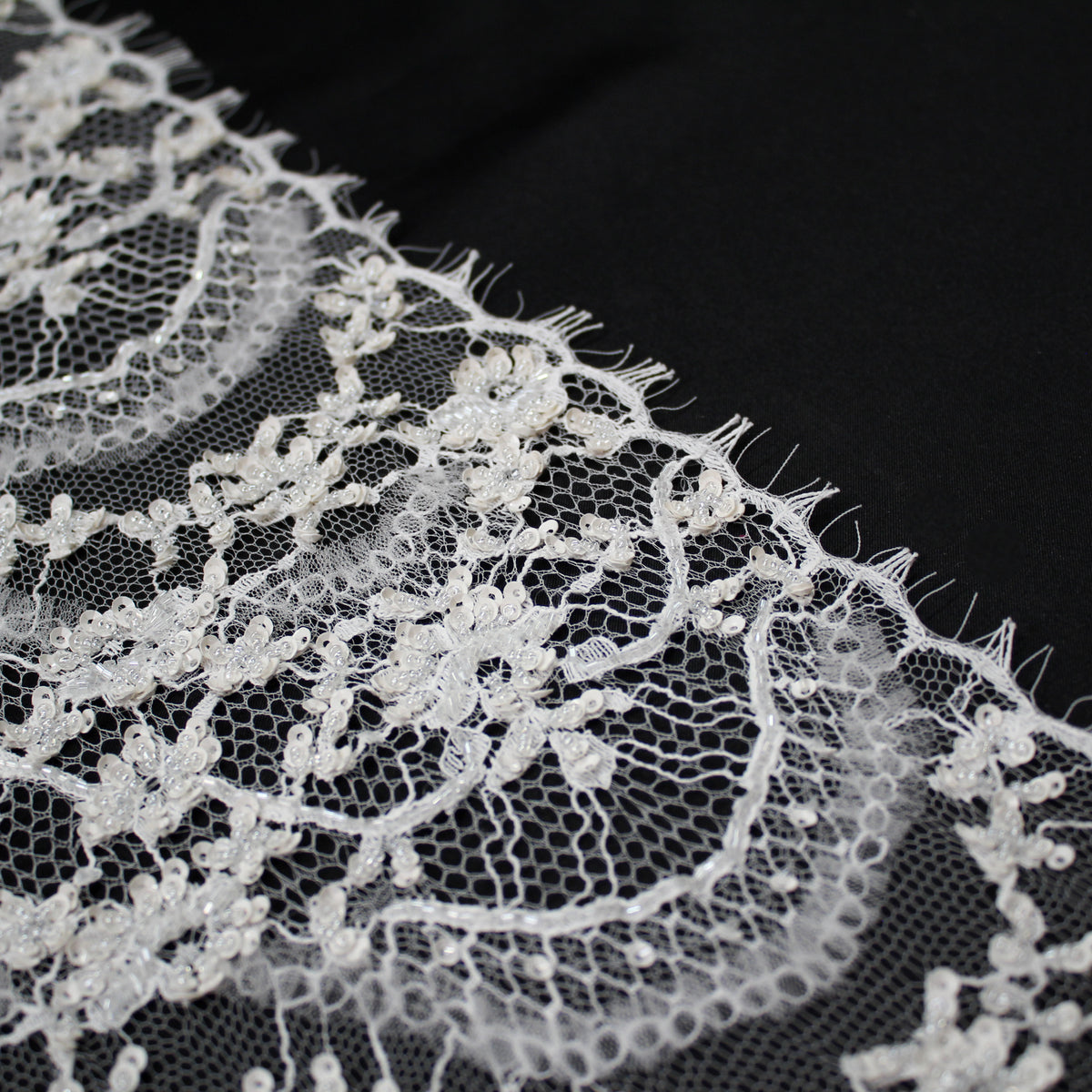 Haute Couture Lace | Bridal Embroidered Lace with Sequins, Seed Beads, Rhinestones, 3D Tulle, Vertical Wave Floral Sprays & Double Scallop | FRI3319