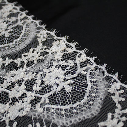 Haute Couture Lace | Bridal Embroidered Lace with Sequins, Seed Beads, Rhinestones, 3D Tulle, Vertical Wave Floral Sprays & Double Scallop | FRI3319