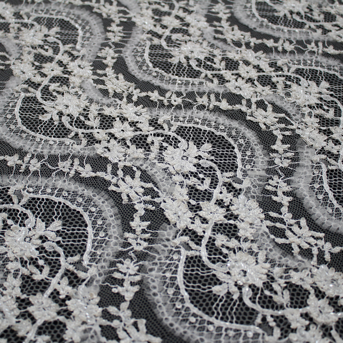 Haute Couture Lace | Bridal Embroidered Lace with Sequins, Seed Beads, Rhinestones, 3D Tulle, Vertical Wave Floral Sprays & Double Scallop | FRI3319