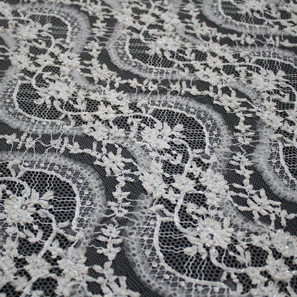 Haute Couture Lace | Bridal Embroidered Lace with Sequins, Seed Beads, Rhinestones, 3D Tulle, Vertical Wave Floral Sprays & Double Scallop | FRI3319