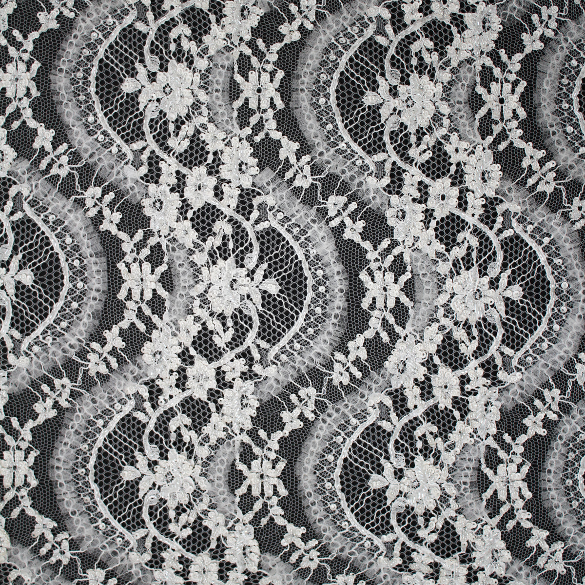 Haute Couture Lace | Bridal Embroidered Lace with Sequins, Seed Beads, Rhinestones, 3D Tulle, Vertical Wave Floral Sprays & Double Scallop | FRI3319