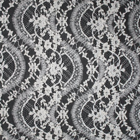 Haute Couture Lace | Bridal Embroidered Lace with Sequins, Seed Beads, Rhinestones, 3D Tulle, Vertical Wave Floral Sprays & Double Scallop | FRI3319