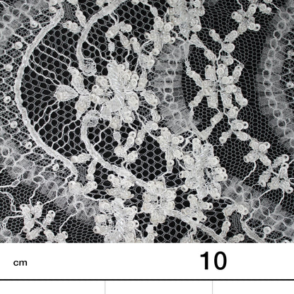 Haute Couture Lace | Bridal Embroidered Lace with Sequins, Seed Beads, Rhinestones, 3D Tulle, Vertical Wave Floral Sprays & Double Scallop | FRI3319