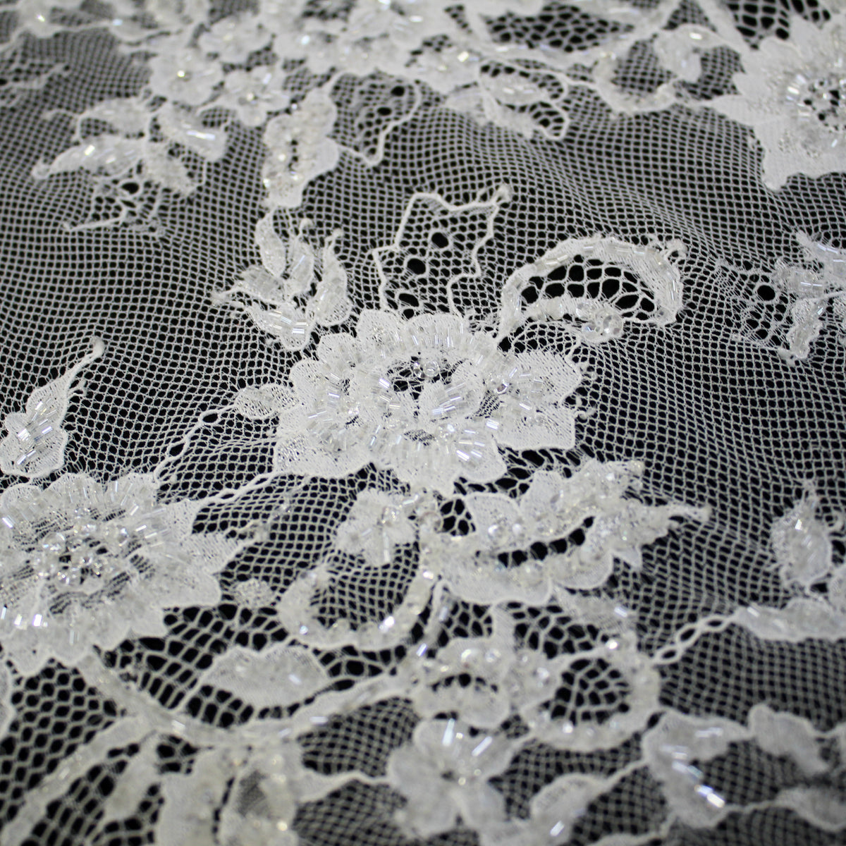 Haute Couture Lace | Bridal Embroidered Lace with Pearls, Seed Beads, Zig-Zag Floral Sprays, Paisley Waves & Double Border | FRI4222