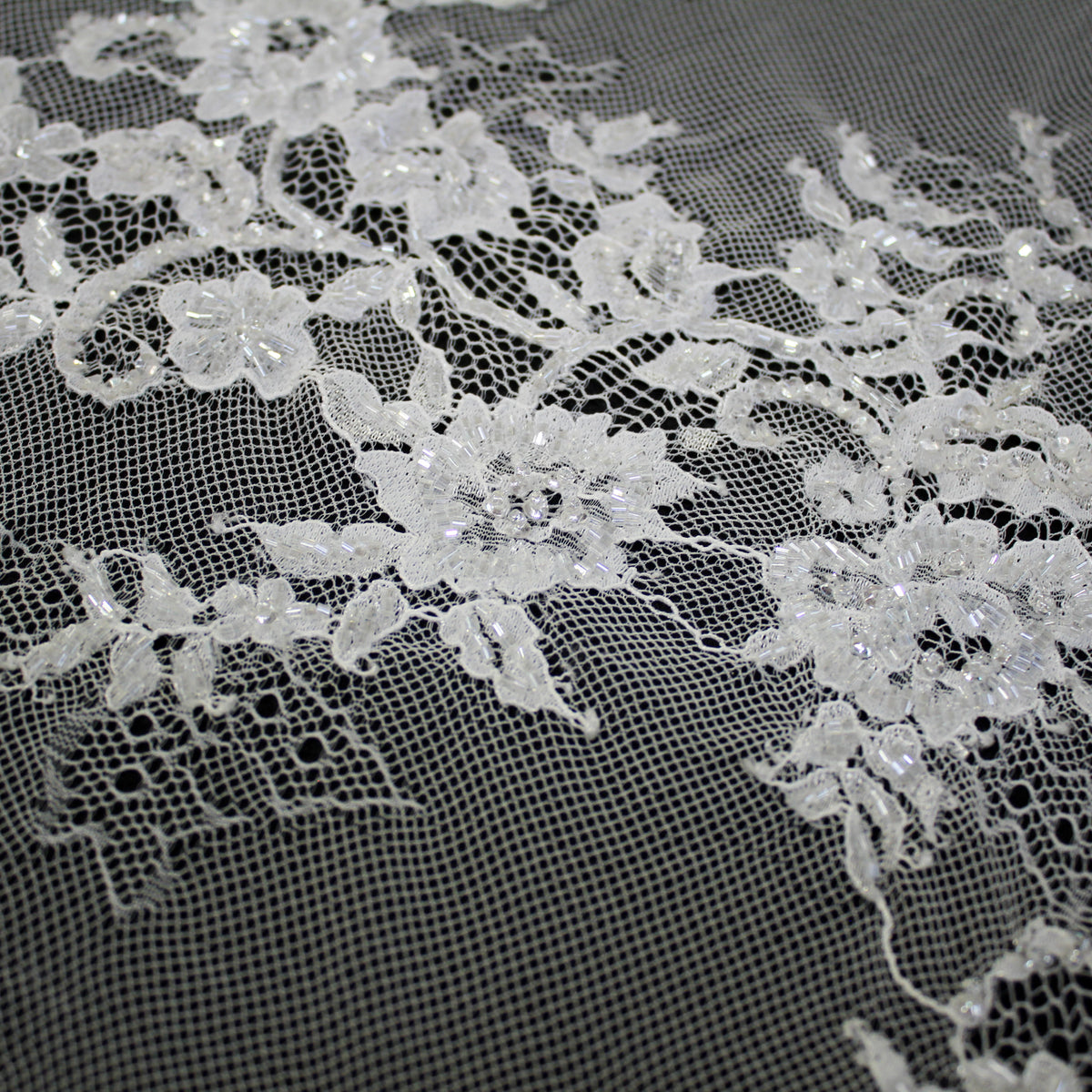Haute Couture Lace | Bridal Embroidered Lace with Pearls, Seed Beads, Zig-Zag Floral Sprays, Paisley Waves & Double Border | FRI4222
