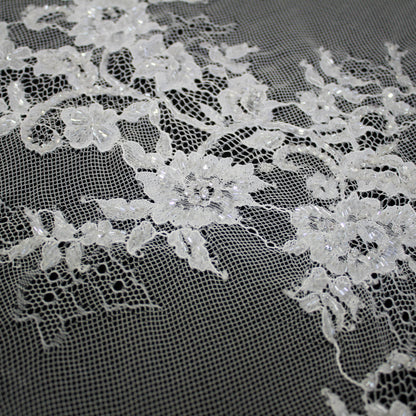 Haute Couture Lace | Bridal Embroidered Lace with Pearls, Seed Beads, Zig-Zag Floral Sprays, Paisley Waves & Double Border | FRI4222