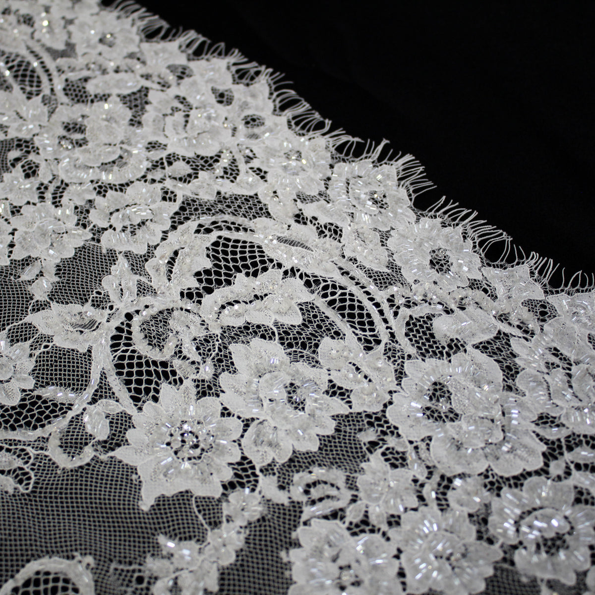 Haute Couture Lace | Bridal Embroidered Lace with Pearls, Seed Beads, Zig-Zag Floral Sprays, Paisley Waves & Double Border | FRI4222