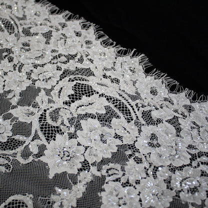 Haute Couture Lace | Bridal Embroidered Lace with Pearls, Seed Beads, Zig-Zag Floral Sprays, Paisley Waves & Double Border | FRI4222