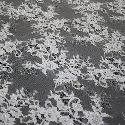 Haute Couture Lace | Bridal Embroidered Lace with Pearls, Seed Beads, Zig-Zag Floral Sprays, Paisley Waves & Double Border | FRI4222