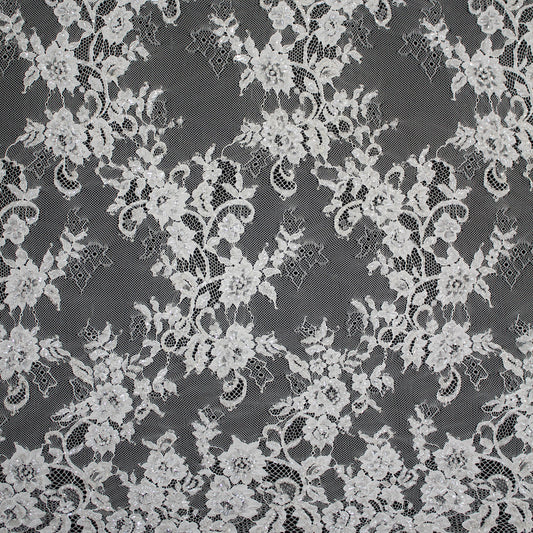 Haute Couture Lace | Bridal Embroidered Lace with Pearls, Seed Beads, Zig-Zag Floral Sprays, Paisley Waves & Double Border | FRI4222