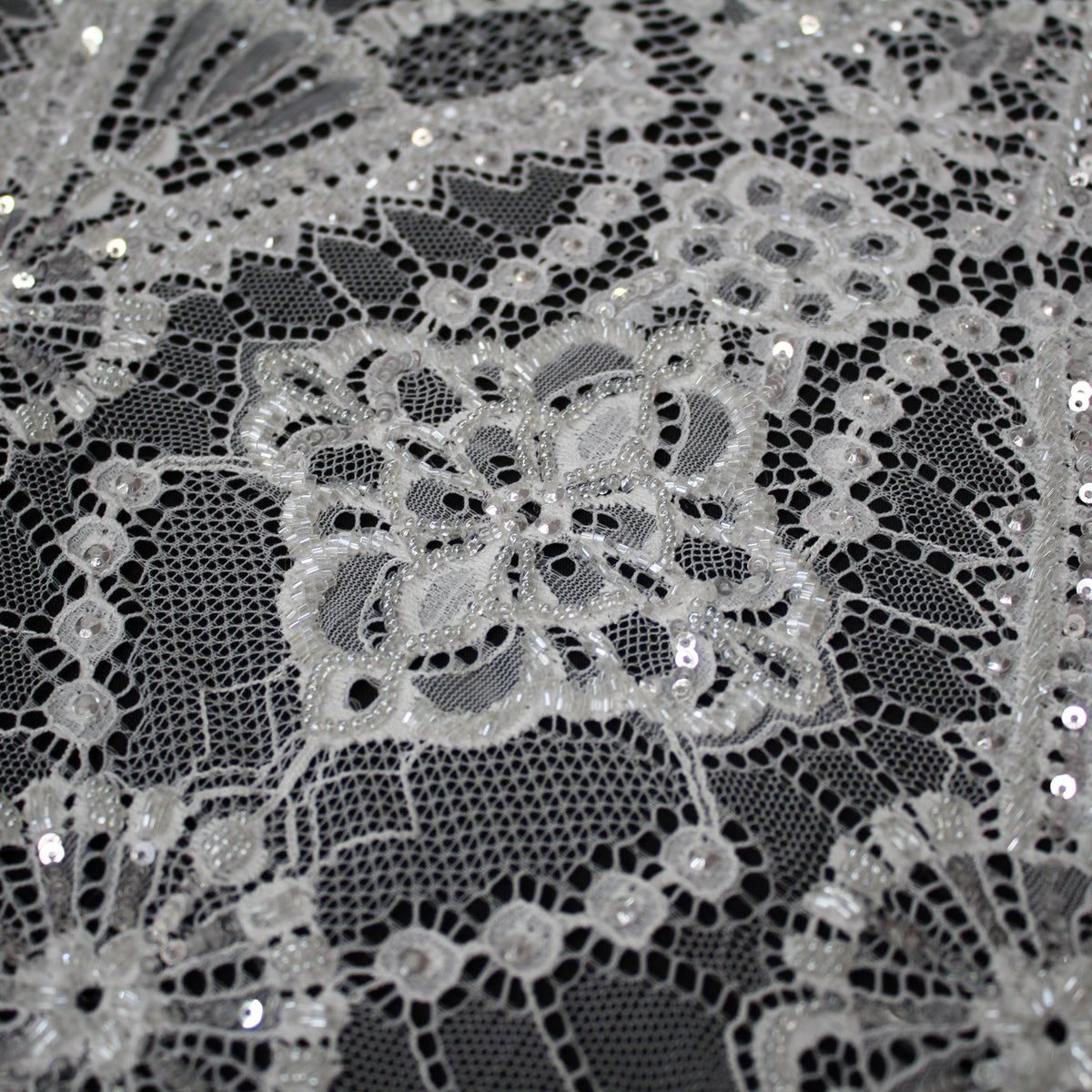 Haute Couture Lace | Bridal Embroidered Lace with Pearls, Seed Beads, Sequins, Geometric Arabesque Motifs & Double Scallop | FRI3741
