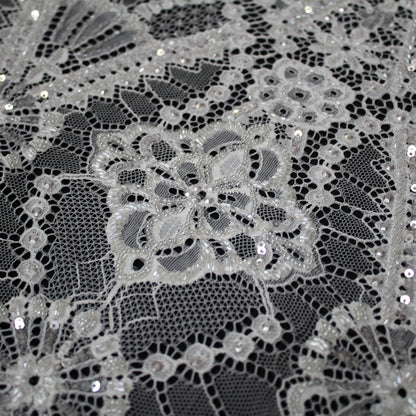 Haute Couture Lace | Bridal Embroidered Lace with Pearls, Seed Beads, Sequins, Geometric Arabesque Motifs & Double Scallop | FRI3741