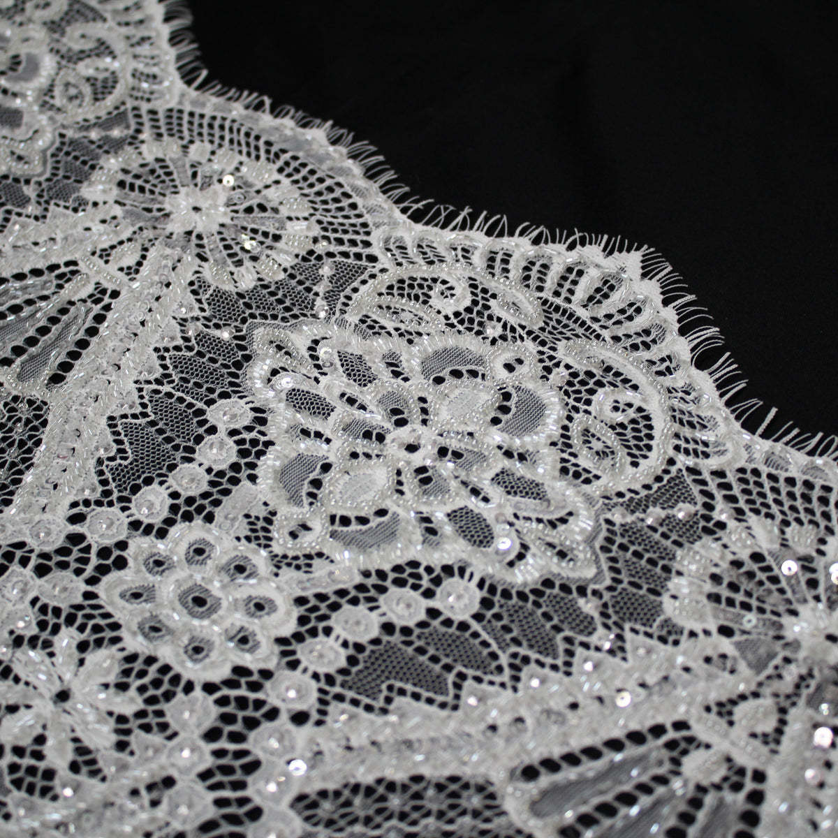 Haute Couture Lace | Bridal Embroidered Lace with Pearls, Seed Beads, Sequins, Geometric Arabesque Motifs & Double Scallop | FRI3741
