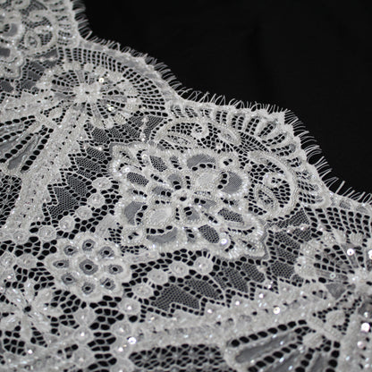 Haute Couture Lace | Bridal Embroidered Lace with Pearls, Seed Beads, Sequins, Geometric Arabesque Motifs & Double Scallop | FRI3741