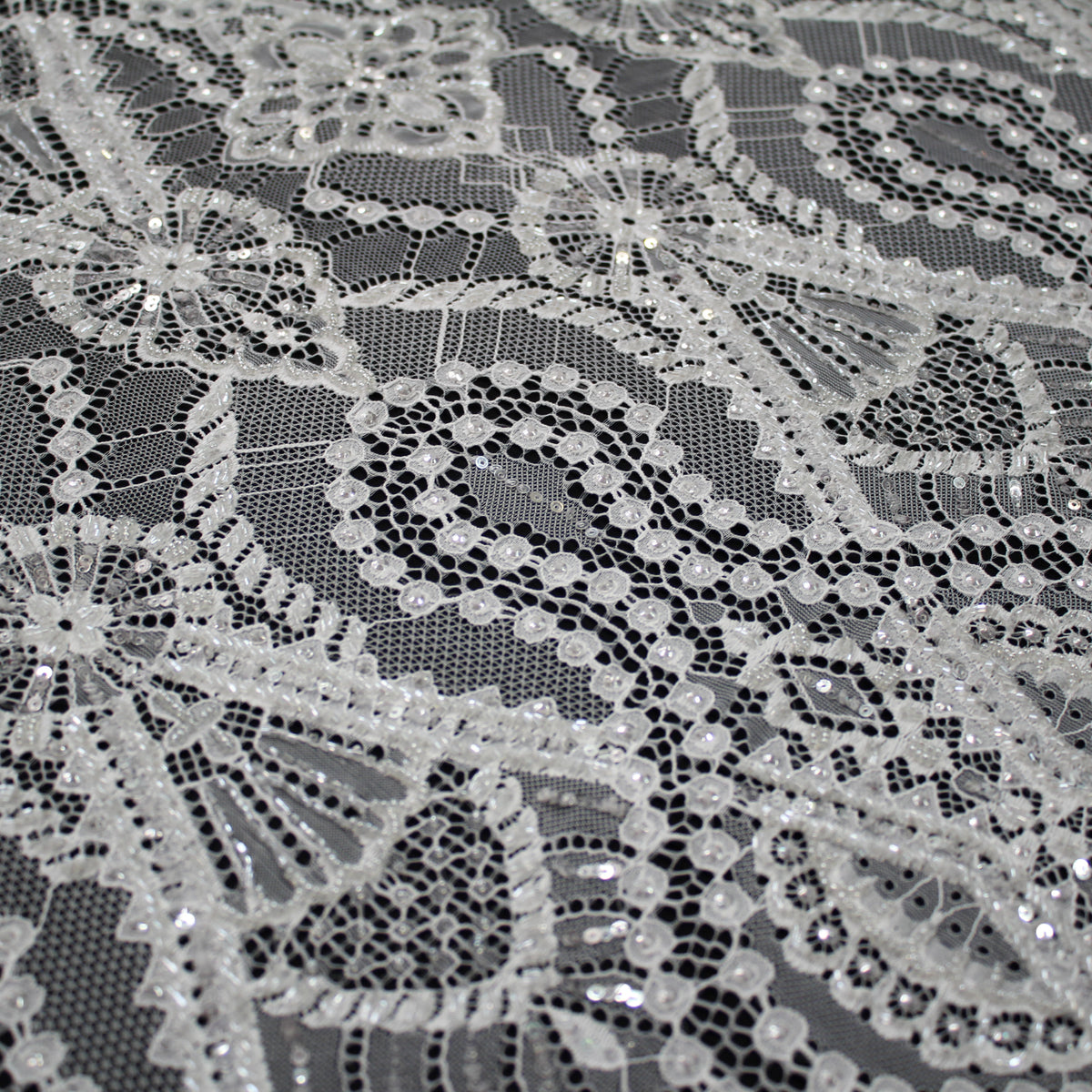 Haute Couture Lace | Bridal Embroidered Lace with Pearls, Seed Beads, Sequins, Geometric Arabesque Motifs & Double Scallop | FRI3741
