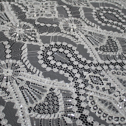 Haute Couture Lace | Bridal Embroidered Lace with Pearls, Seed Beads, Sequins, Geometric Arabesque Motifs & Double Scallop | FRI3741
