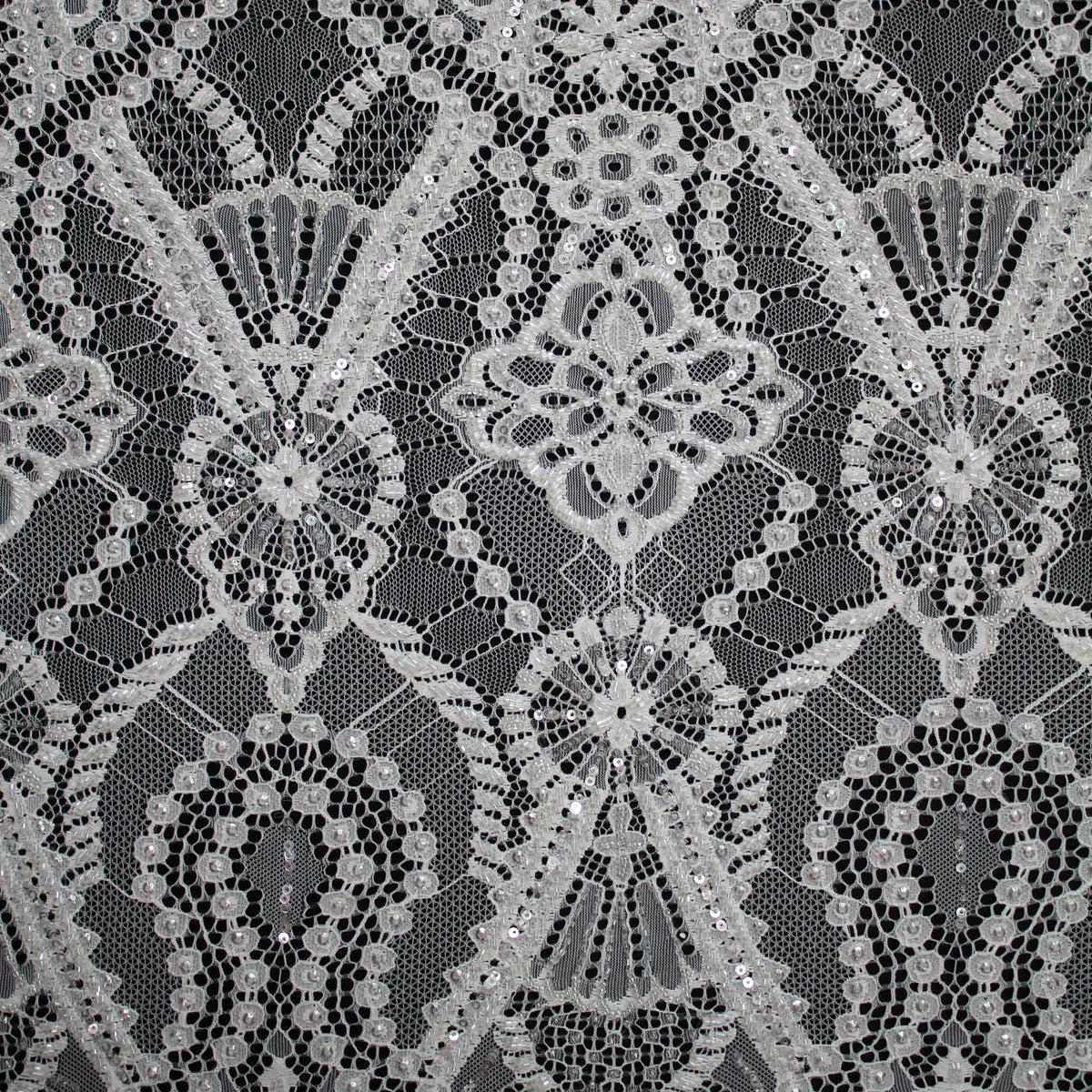 Haute Couture Lace | Bridal Embroidered Lace with Pearls, Seed Beads, Sequins, Geometric Arabesque Motifs & Double Scallop | FRI3741