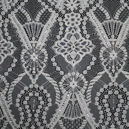 Haute Couture Lace | Bridal Embroidered Lace with Pearls, Seed Beads, Sequins, Geometric Arabesque Motifs & Double Scallop | FRI3741