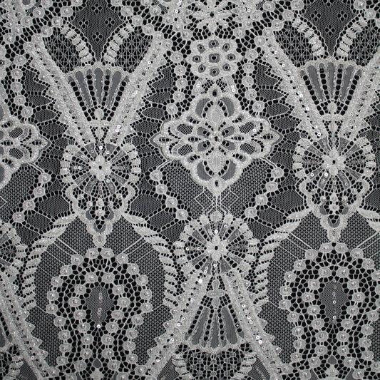 Haute Couture Lace | Bridal Embroidered Lace with Pearls, Seed Beads, Sequins, Geometric Arabesque Motifs & Double Scallop | FRI3741