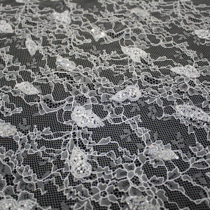 Pizzo Alta Moda | Pizzo Ricamato Sposa con Perline, Corallini, Paillettes, Ramage Arabesco Astratto e Doppio Smerlo | FRI1792