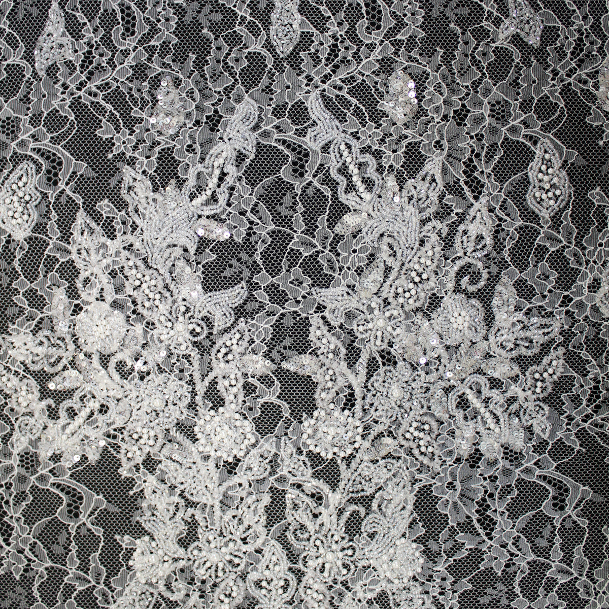 Pizzo Alta Moda | Pizzo Ricamato Sposa con Perline, Corallini, Paillettes, Ramage Arabesco Astratto e Doppio Smerlo | FRI1792