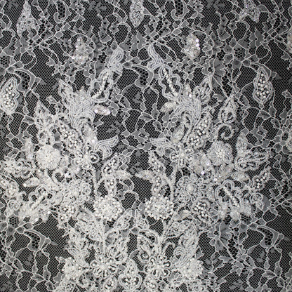 Pizzo Alta Moda | Pizzo Ricamato Sposa con Perline, Corallini, Paillettes, Ramage Arabesco Astratto e Doppio Smerlo | FRI1792