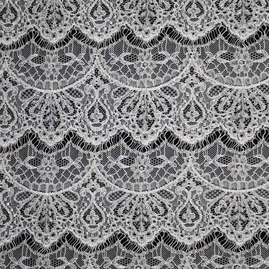 Haute Couture Lace | Bridal Embroidered Lace with Pearls, Seed Beads, Rhinestones, Geometric Arabesque Arches & Single Border | FRI4223