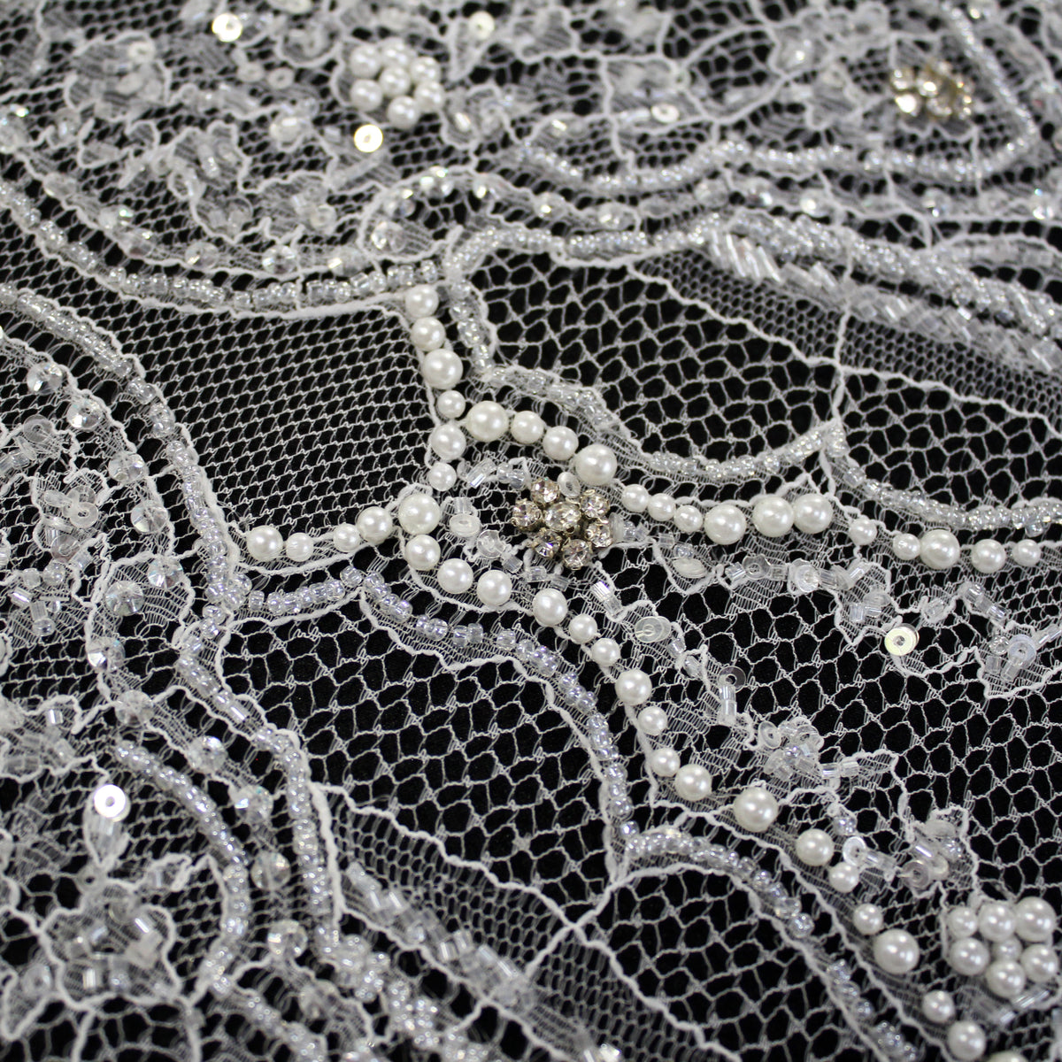 Haute Couture Lace | Bridal Embroidered Lace with Pearls, Sequins, Seed Beads, Arabesque Scroll Motifs & Double Border | FRI4116