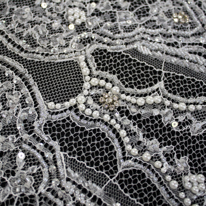 Haute Couture Lace | Bridal Embroidered Lace with Pearls, Sequins, Seed Beads, Arabesque Scroll Motifs & Double Border | FRI4116