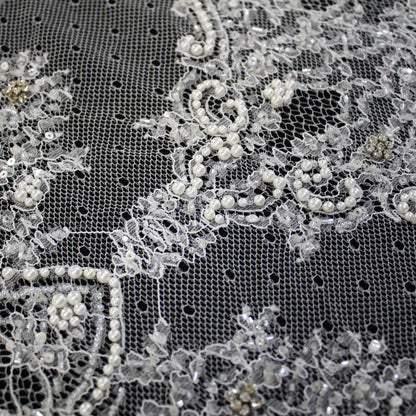 Haute Couture Lace | Bridal Embroidered Lace with Pearls, Sequins, Seed Beads, Arabesque Scroll Motifs & Double Border | FRI4116