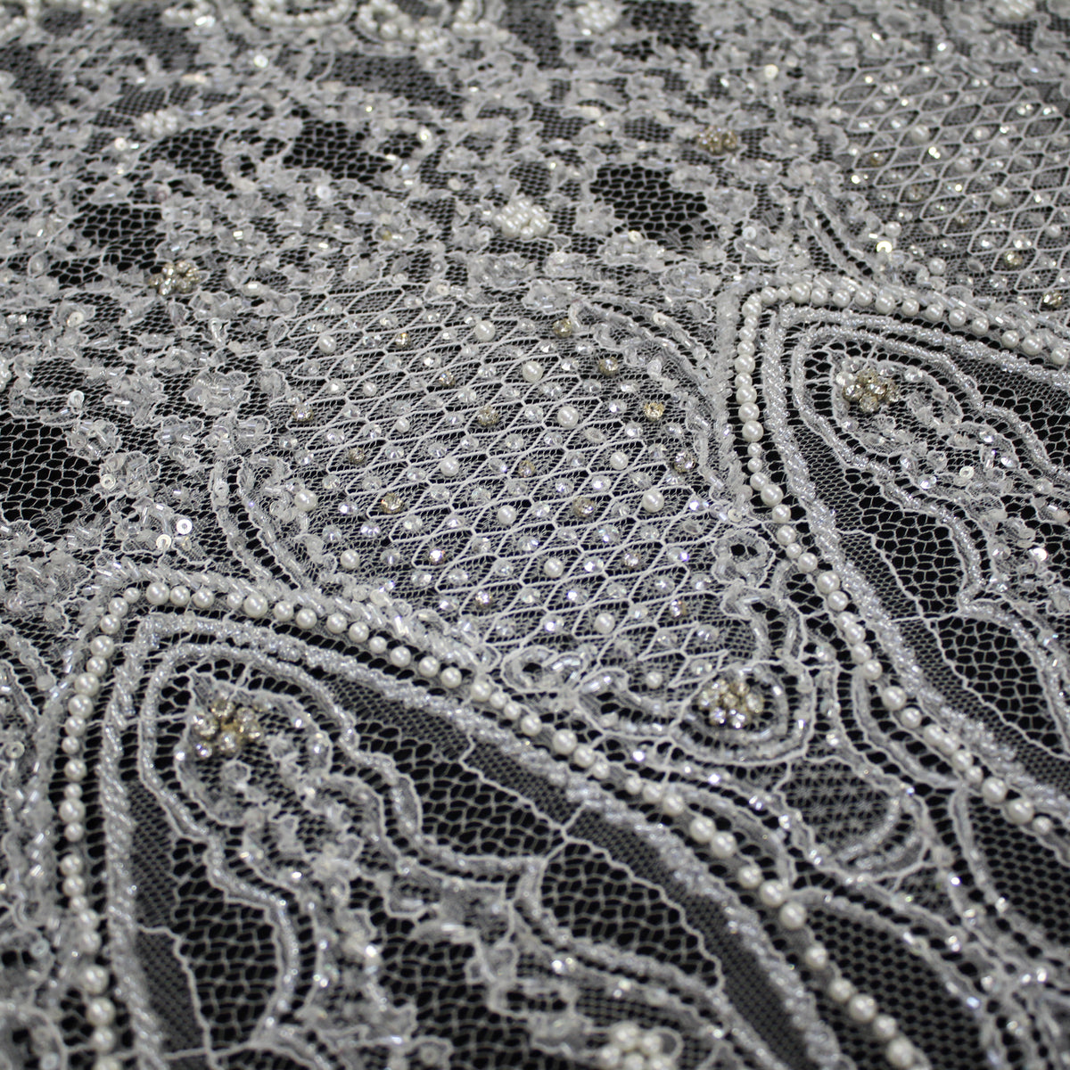 Haute Couture Lace | Bridal Embroidered Lace with Pearls, Sequins, Seed Beads, Arabesque Scroll Motifs & Double Border | FRI4116