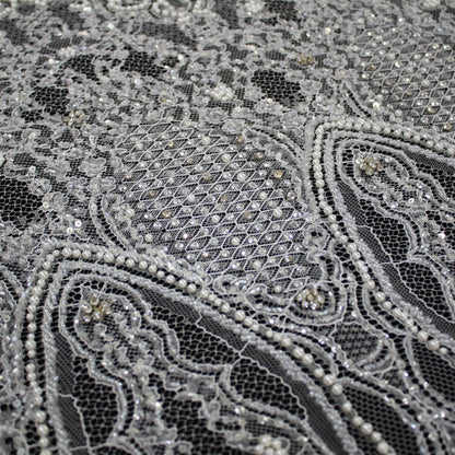 Haute Couture Lace | Bridal Embroidered Lace with Pearls, Sequins, Seed Beads, Arabesque Scroll Motifs & Double Border | FRI4116