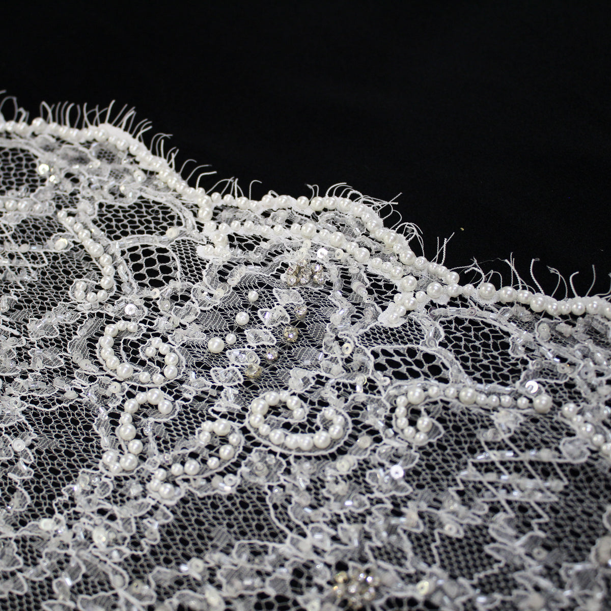 Haute Couture Lace | Bridal Embroidered Lace with Pearls, Sequins, Seed Beads, Arabesque Scroll Motifs & Double Border | FRI4116