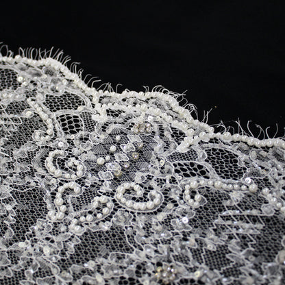 Haute Couture Lace | Bridal Embroidered Lace with Pearls, Sequins, Seed Beads, Arabesque Scroll Motifs & Double Border | FRI4116