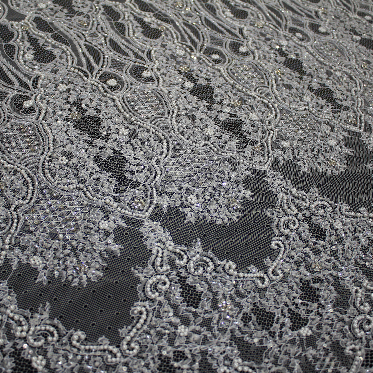 Haute Couture Lace | Bridal Embroidered Lace with Pearls, Sequins, Seed Beads, Arabesque Scroll Motifs & Double Border | FRI4116