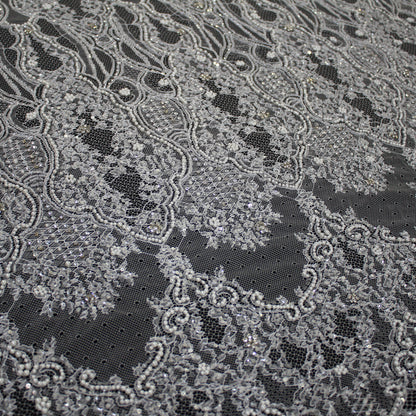 Haute Couture Lace | Bridal Embroidered Lace with Pearls, Sequins, Seed Beads, Arabesque Scroll Motifs & Double Border | FRI4116