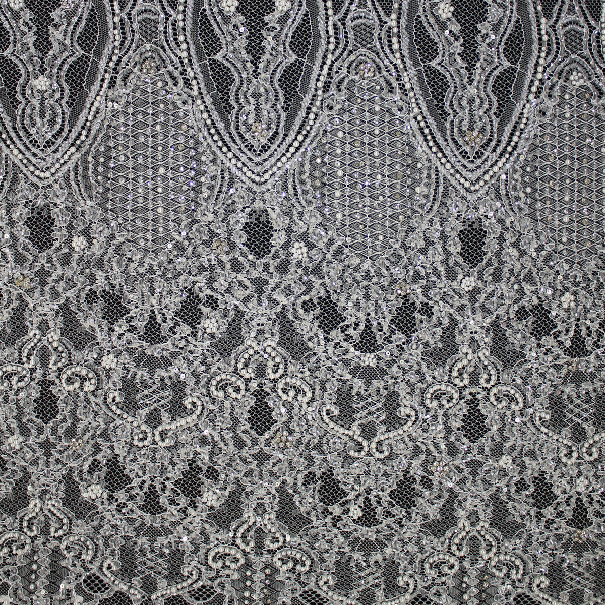 Haute Couture Lace | Bridal Embroidered Lace with Pearls, Sequins, Seed Beads, Arabesque Scroll Motifs & Double Border | FRI4116