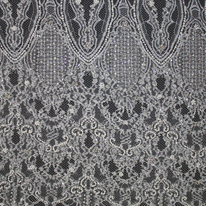 Haute Couture Lace | Bridal Embroidered Lace with Pearls, Sequins, Seed Beads, Arabesque Scroll Motifs & Double Border | FRI4116