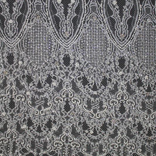 Haute Couture Lace | Bridal Embroidered Lace with Pearls, Sequins, Seed Beads, Arabesque Scroll Motifs & Double Border | FRI4116