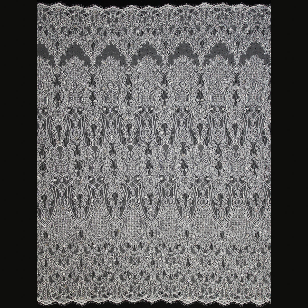 Haute Couture Lace | Bridal Embroidered Lace with Pearls, Sequins, Seed Beads, Arabesque Scroll Motifs & Double Border | FRI4116